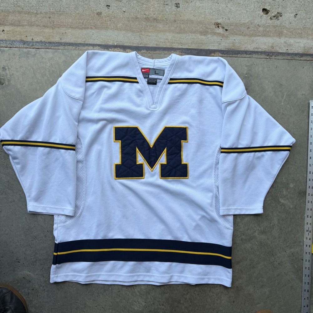 Vintage Nike Team Michigan Wolverines Hockey Jersey White Navy Maize Men Large